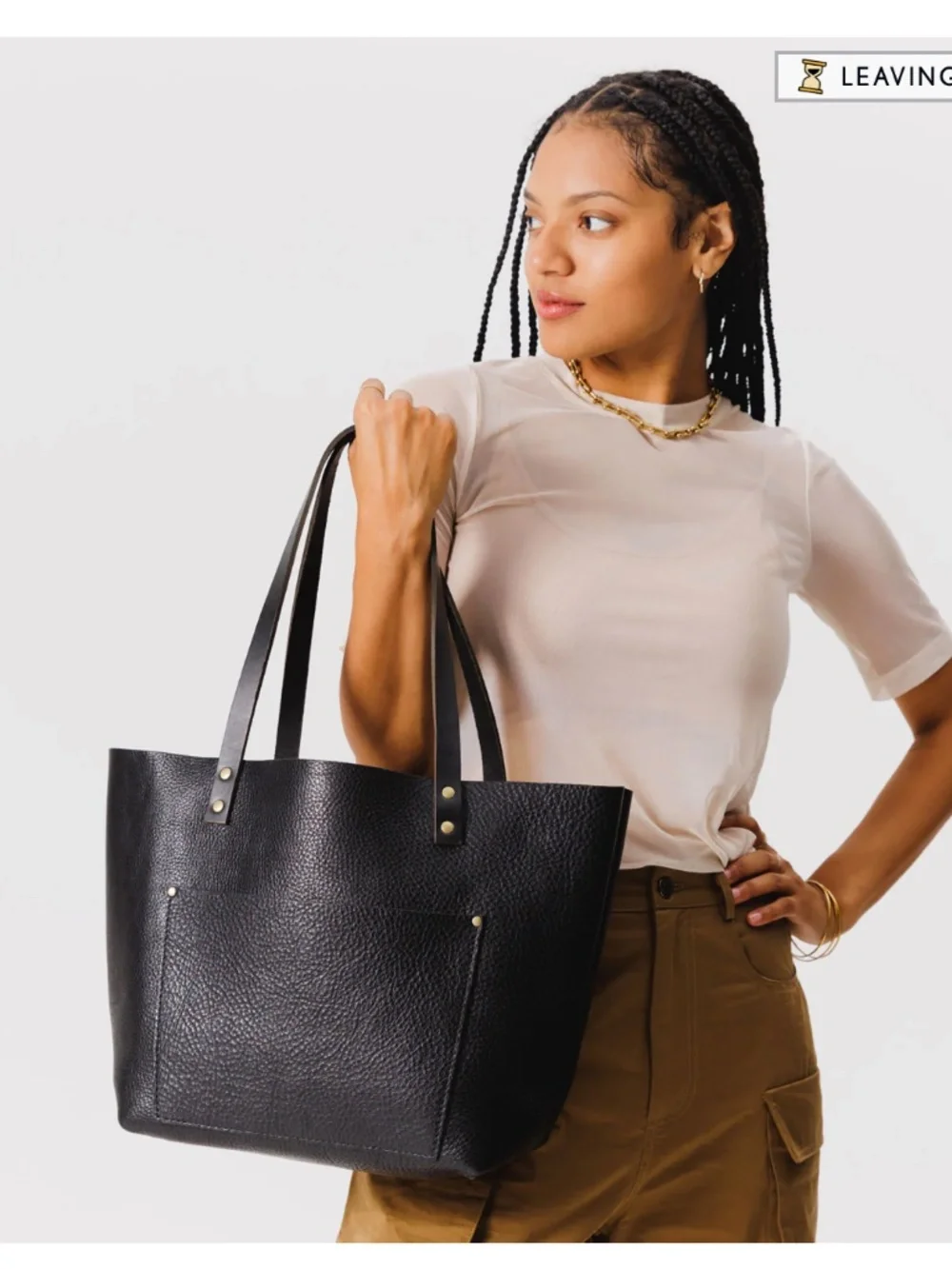 Portland Leather Goods PLG Classic Large Tote in Pebbled Black and Blandles VGUC